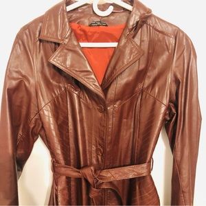 Vintage Burgundy Leather Trench Belted Coat